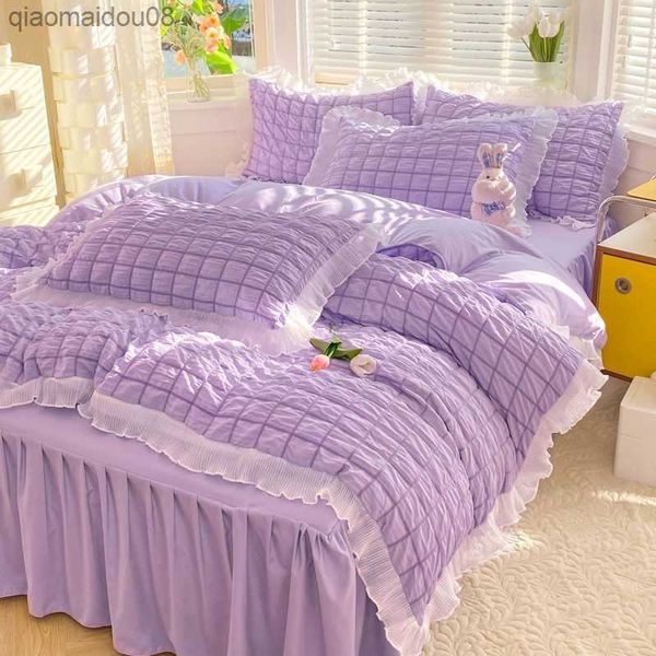 Lüks Prenses Seersucker Yatak Setleri Basit Yatak Çetesi Yorgan Kapağı Kılıfı Kız Yorgan Kapağı Ev Dekorasyonu L230704