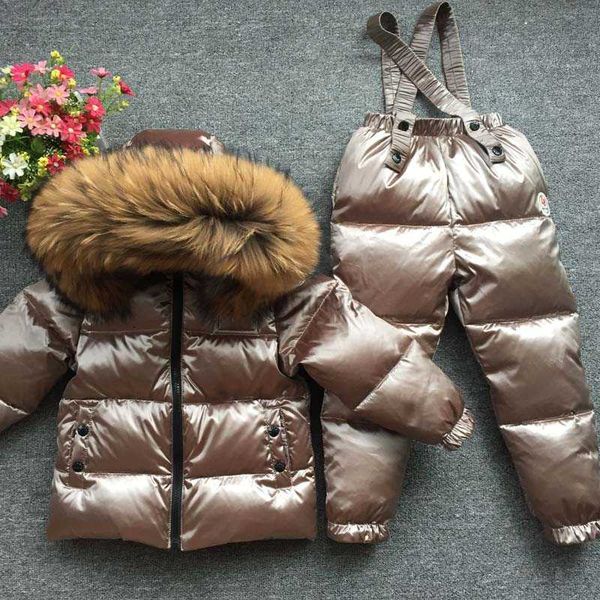 Casaco de penas Rússia Inverno Crianças Conjuntos de roupas Macacão Snow Jackets+bib Pant 2pcs Boy Girls 1-10Y Duck Down Coats Jacket Big Fur Hood HKD230725