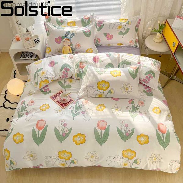 Solstice Têxtil Doméstico Fofo Flor Coelhinho Linho Lençol Capa De Edredom Lençol Menino Menina Criança Conjuntos De Cama L230704