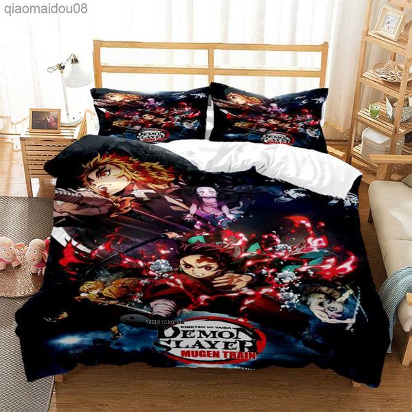 Conjunto de roupa de cama de poliéster com estampa digital Demon slayer para meninos Conjunto de roupa de cama para adolescentes Conjunto de cama king size para crianças Capas para crianças