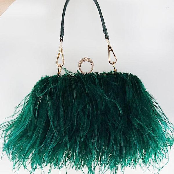 Вечерние сумки роскошные страусистовые перо для женщин цепь на плечо для кисточки для вечеринки кошельки зеленые свадебные сумочки