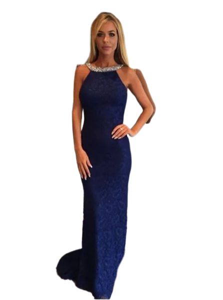 Neueste ärmellose Kristallperlenkragen Sexy rückenfreie Abendkleider Langes Sweep-Zug-Kleid Marineblaue Meerjungfrau-Abschlussballkleider mit voller Spitze