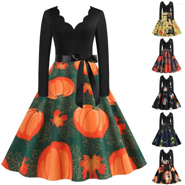 Casual Kleider Für Frauen Komfortable Slim Fit V-ausschnitt Punk Kopf Gedruckt Geraffte Halloween Anzug Kleid 2023 Vestidos