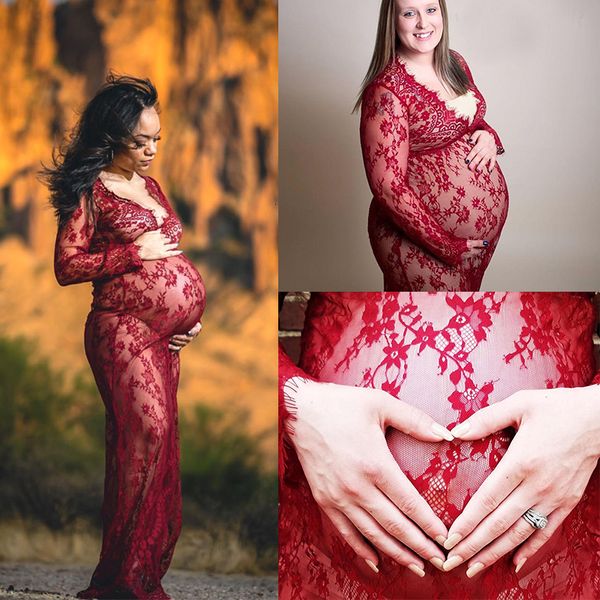 Abiti premaman Abito gravidanza per Po Shoot Maternity Pography Puntelli Abito lungo in pizzo con scollo a V sexy Plus Size Abiti per donne incinte 230724