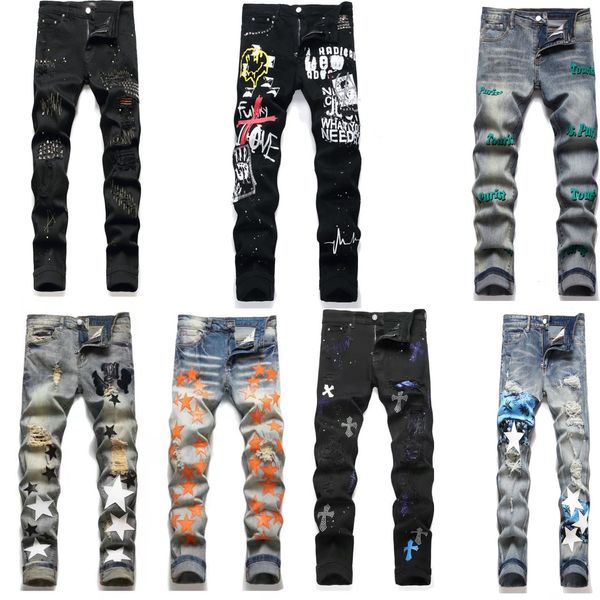 Herrenjeans Grafische Jeans Herrenhosen Designer Herrenjeans Stapeljeans Mode High Street Männer Schwarz Mehrfarbig Briefdruck Elastische Motorradhose Hip Hop amiiri