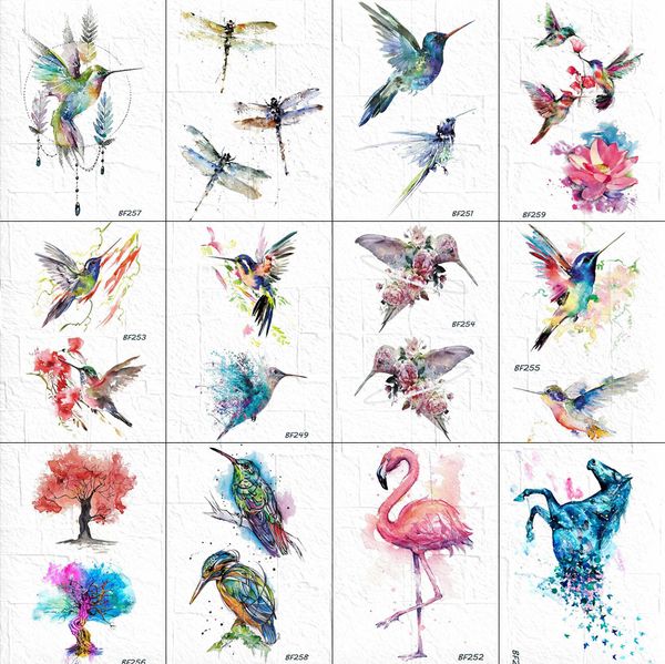 Aquarell Flash Temporäre Kolibri Tattoo Frauen Libelle Vögel Körper Kunst Tatoos Wasserdichte Gefälschte DIY Malerei Tattoos Aufkleber