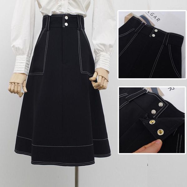 Saias Cintura Alta Saia Midi Feminina Elegante Casual Vintage Linha A Preto Feminino Coreano Office Lady Streetwear Moda Saias J209