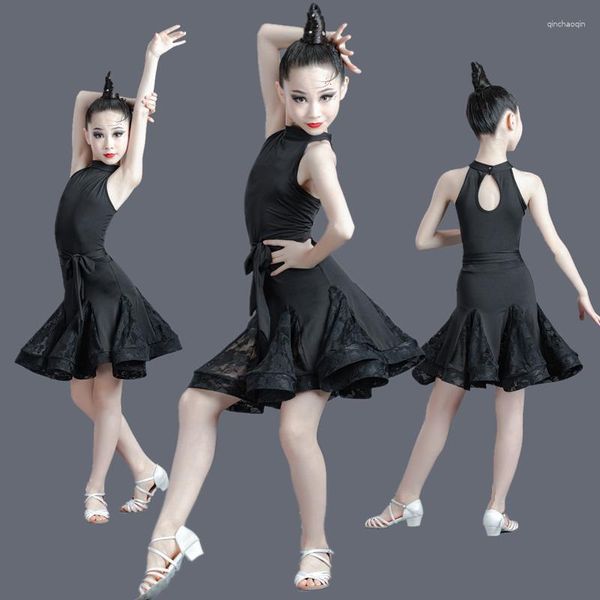 Roupas de ginástica menina dança latina vestido crianças renda borlas vestidos infantis para meninas treinamento tango desempenho roupas cha