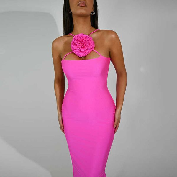 Rose Rot Elegante Blume Langes Kleid Sommer Frauen Mode Kreuz Kragen, Figurbetontes Kleid Mode Ärmellose Abend Party Kleider 2023