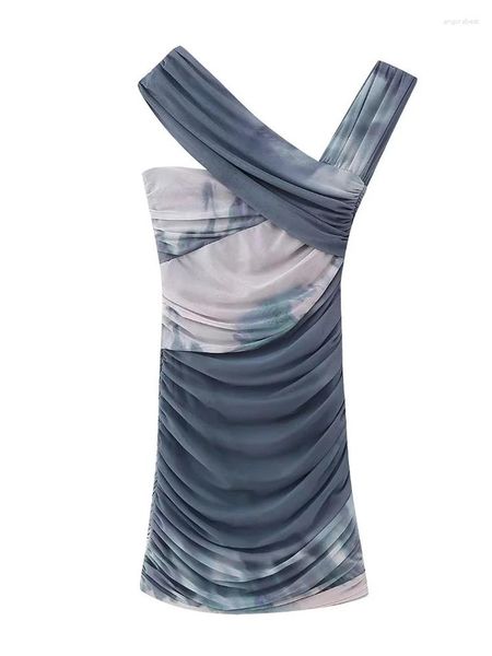 Lässige Kleider, schicke Damen-Sommermode, Tie-Dye-Druck, plissiert, Mini-Stil, Mädchen, asymmetrischer Kragen, ärmellos, blaues Tüllkleid