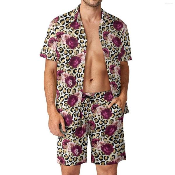 Fatos de treino masculinos florais leopardo conjuntos masculinos ouro e rosa conjunto de camisa casual Havaí shorts de férias verão gráfico terno 2 peças roupas tamanho grande