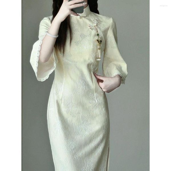 Ethnische Kleidung Frauen Beige Spitze Cheongsam Kleid Vintage Mädchen Traditionelle große Ärmel Kleider Verbesserte Frühling Hohe Qualität Lange Qipao S bis