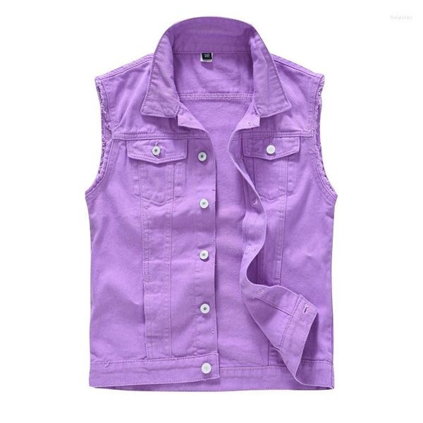 Coletes masculinos 2023 slim fit cowboy jaqueta masculina colete jeans rasgado sem mangas colete casual masculino casaco jeans roxo