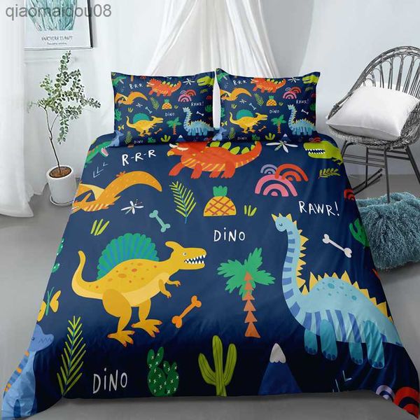 Dinozor Çocuk Yorgan Kapak Seti İkiz İnşaat Araba Yatak Seti Erkek Kızlar Yatak Keten Seti Dino Arabalar Bedclothes Case L230704