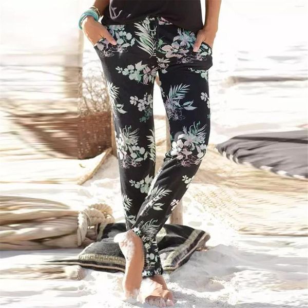 Pantaloni da donna Pantaloni larghi con stampa floreale Abbigliamento da spiaggia estivo Pantalettes a gamba dritta da spiaggia Pantalon vintage da donna sottile