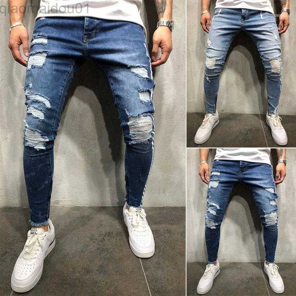 Erkekler Kot erkek kot pantolon erkekler esnek yırtık sıska yıkılmış yamalı yama ince denim mavi jean pantolon yan şeridi fitn Kore kot pantolon1 l230725