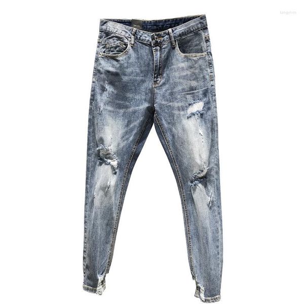 Pantaloni da uomo all'ingrosso 2023 Moda Adolescente Denim Casual Strappato Jeans Uomo Primavera Estate Coreano Stretch Piedi Caviglia Homme