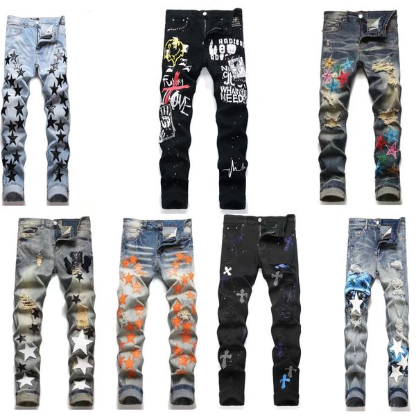 Jeans masculinos de grife para caminhada Calça jeans rasgada amiiri hop High Street Fashion Brand Pantalones Vaqueros Para Hombre Motocicleta Bordado Jeans branco justo