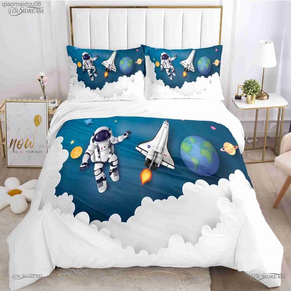 Cartoon Cute Space Astronaut Copripiumino Set biancheria da letto Copripiumino morbido e custodie per adolescenti Kid Boy Single / Double / Queen / King L230704