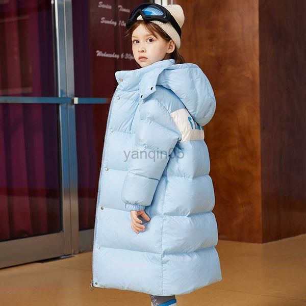 Casaco para baixo 2023 Winter New Children Down Jacket Girls Pink Fashion Long Warm Coat grosso Junior Protection Cold Duck Down Jacket HKD230725