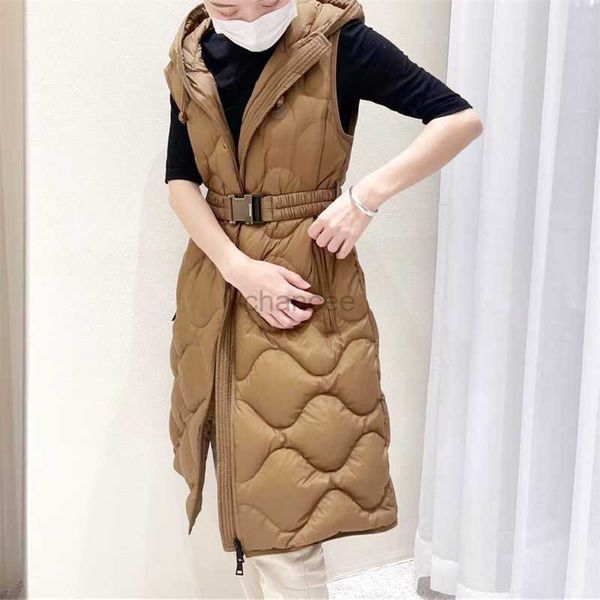 Piumino da donna più nuovo 2023 Moda donna giacca cintura elastica marrone esterno antivento caldo collo con cappuccio gilet invernale femminile cappotto lungo HKD230725