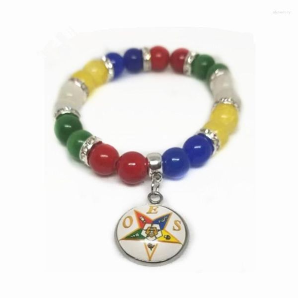 Charm Bracelets 1pcs Order Of The Eastern Star Colored Glass Bead Elastic Bracelet Com Steel OES Girls Fashion DIY Gift Jewelry OGL262-1