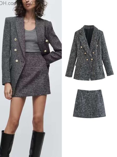 Abito a due pezzi Abito a due pezzi TRAF Donna Office Lady Blazer Gonne Set Autunno Inverno Elegante donna doppiopetto Giacche Mini Z230726