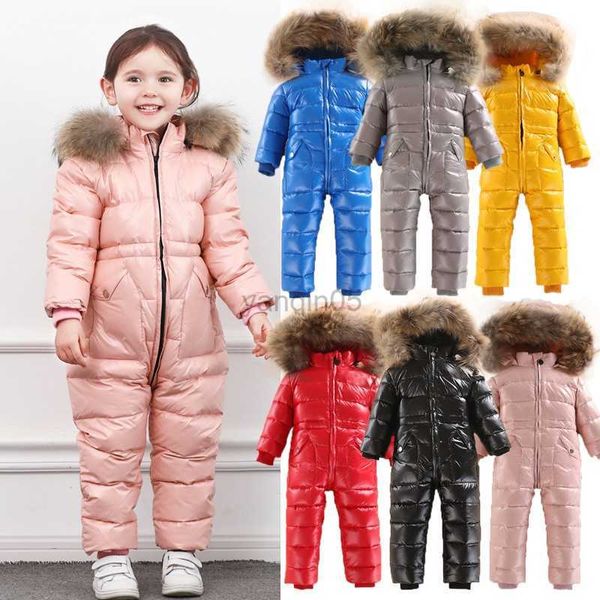 Casaco de penas -30 graus inverno bebê quente engrossar macacão com capuz branco jaqueta de penas de pato branco roupas para meninas roupa de neve à prova d'água HKD230725