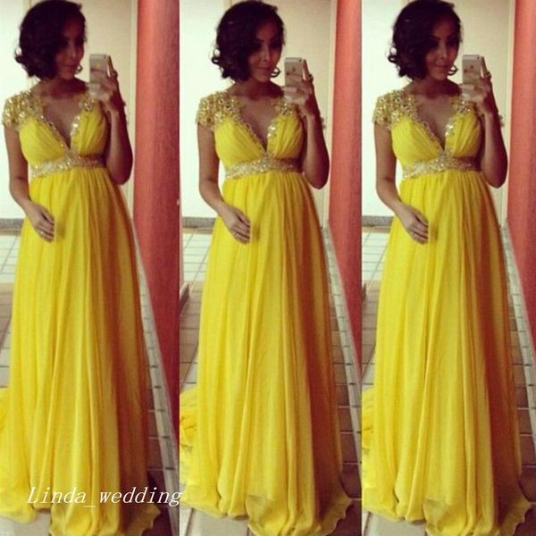 2019 vestido de festa de chá de bebê amarelo novo decote em v longo mulheres grávidas vestido de ocasião especial formal vestido de noite plus size vestidos d199r