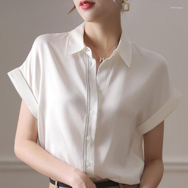 Женские блузки атласная шелковая блуза Женщины 2023 Летняя мода поворотный воротниц с коротким рукавом с коротким рукавом рубаш