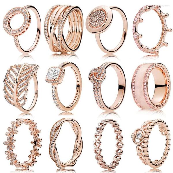 Cluster Ringe S925 Sterling Silber Rose Gold Runde Krone Herzförmige Klee Ring Original Hohe Qualität 1:1 Mode Schmuck DIY