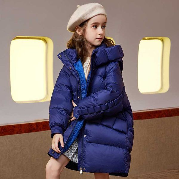 Piumino 2022 Inverno nuovi vestiti per bambini Piumino spesso caldo blu navy con cappuccio per bambina Completo invernale per bambini grandi 90% piumino d'anatra Rosa HKD230725