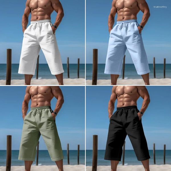 Herren Shorts 2023 Sommer Lose Leinen Baumwolle Atmungsaktive Kurze Hosen Mode Sport Casual Weiß