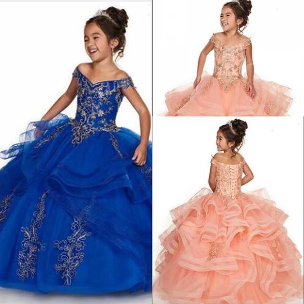 Vestido de baile feito sob encomenda Vestidos de concurso de meninas 2020 Novo ombro a ombro espartilho nas costas Vestido de flor com miçangas cristais para adolescentes P271O