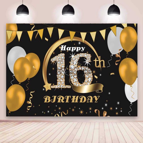 Hintergrundmaterial, Schwarzgold, 16 Hintergrundballons für die 16. Geburtstagsfeier von Jungen und Mädchen, individueller Fotohintergrund, Kuchen, Tischdekoration, Banner x0724