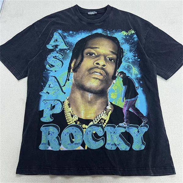 T-shirt da uomo a maniche corte con ritratto rap hip-hop stampato a lettere e t-shirt da donna in cotone con scollo tondo