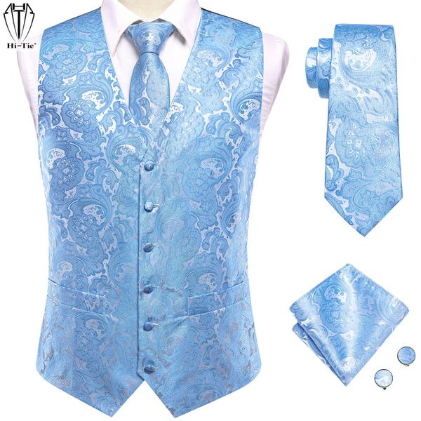 Coletes masculinos de seda masculinos colete de casamento conjunto de gravata sem mangas ocidental colete jaqueta gravata lenço abotoaduras céu azul coral bege prata bordô 230724