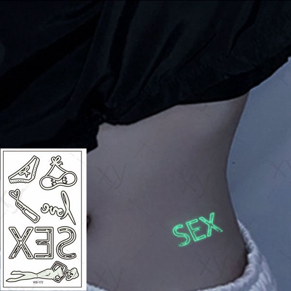 Adesivi per tatuaggi Tatuaggi finti temporanei luminosi Sexy Girl Bikini Lettera Pasta su viso Braccio Gamba Body Art per uomo Donna Bambini