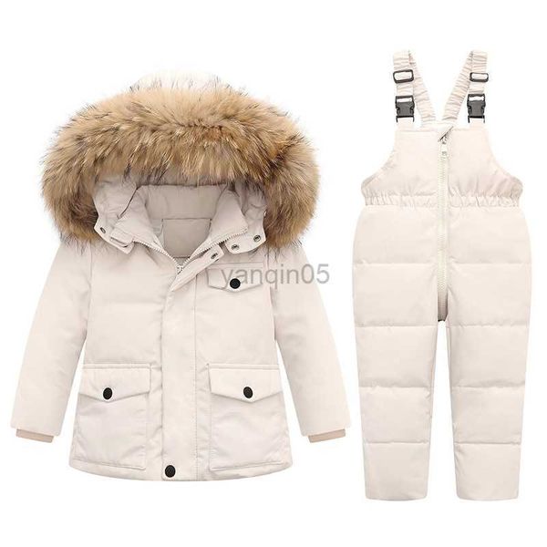 Casaco de penas parka pele real com capuz menino macacão de bebê inverno casaco de penas quente para crianças casaco de neve criança roupas de neve para meninas conjunto de roupas hkd230725