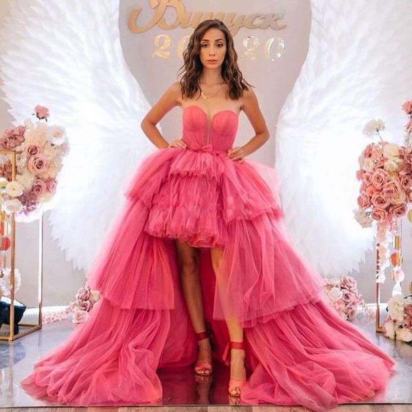 Querida vestidos de baile alta baixa rosa quente vestido de festa à noite babados tiere trem destacável aniversário novia 326 326