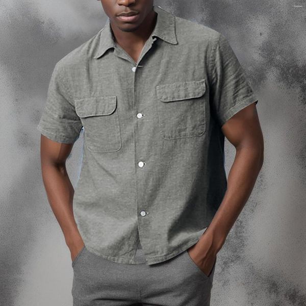 Erkekler Sıradan Gömlekler Düz Renkli Pamuklu Çift Cep Gömlek Yakası Kısa Kollu Sokak Giyim Camisas Hombre Blusas