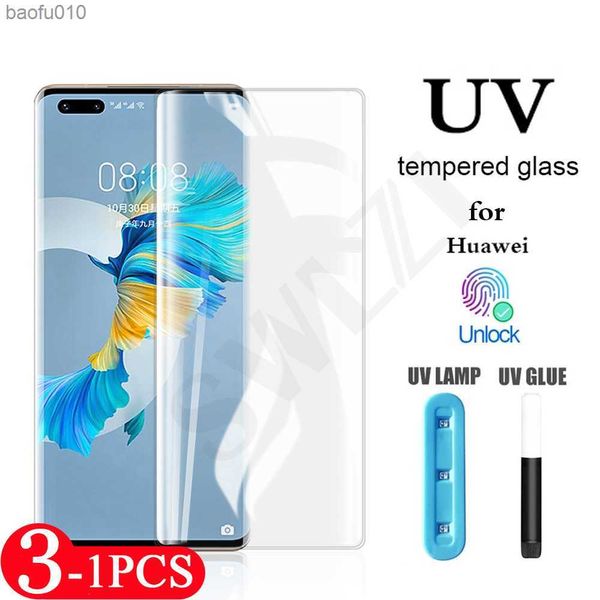 3-1 Stück UV-Hartglas für Huawei Nova 7 8 P30 P40 Mate 20 30 30E 40 Pro Plus RS 40E Schutzfolie für Telefondisplay L230619