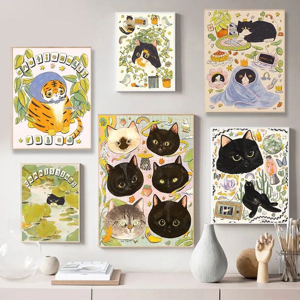 Lustige Tier-Cartoon-schwarze Katze-Poster und Drucke, Wandkunst, Pflanze, Blume, Leinwandmalerei, dekorative Bilder für Kinderzimmer, Heimdekoration, w06