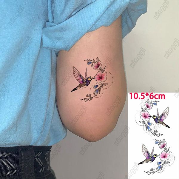 Sevimli çiçek geçirmez geçici dövme çıkartması sinek kuşu kuş çocuk kolu su transferi sahte dövme gövde sanat kadınları