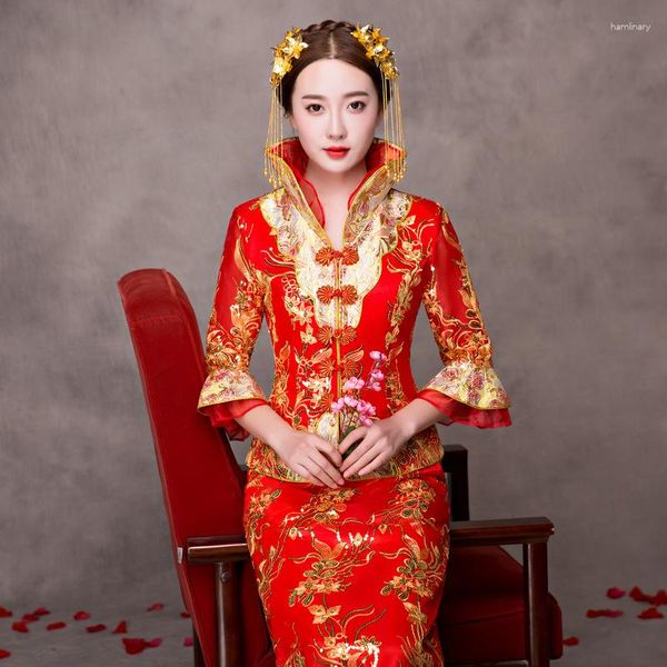 Ethnische Kleidung Vintage rote Brautstickerei Cheongsam Moderner traditioneller chinesischer Stil Hochzeitskleid Orientalische Damen Qipao Vestidos Größe