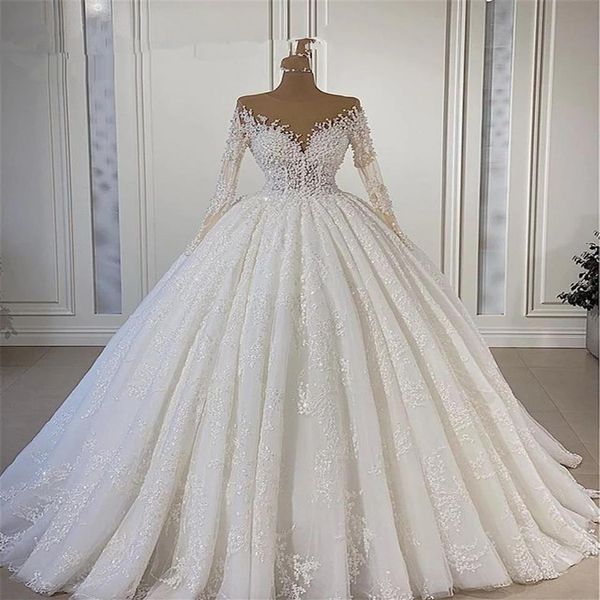 Princesa mangas compridas frisada uma linha vestidos de noiva 2021 decote translúcido trem de varredura plus size robe de casamento vestidos de festa nupcial2504