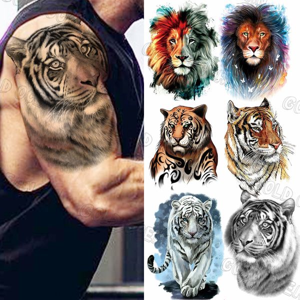 Tatuagens temporárias pretas realistas de tigre com meia manga para homens, adultos, adesivos coloridos de tatuagem de leão, tatuagens à prova d'água, braço, corpo, corpo 3D
