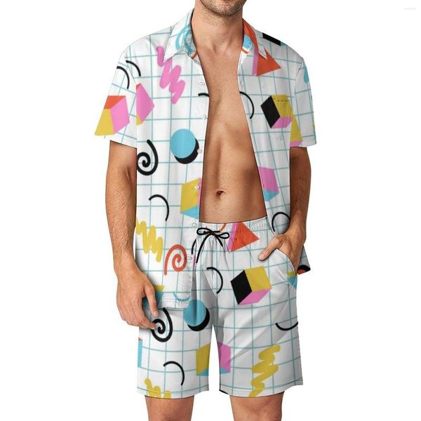 Мужские спортивные костюмы Memphis Pattern 80S Outdoor Men Set Set Retro Минимальный геометрический повседневная рубашка набор летние шорты 2 куска эстетического костюма плюс