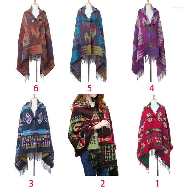 Schals Frauen Bohemian Ethnischen Mit Kapuze Poncho Quasten Schal Umhang Geometrische Muster Lose Mantel Schal Strickjacke Mit Horn Knopf