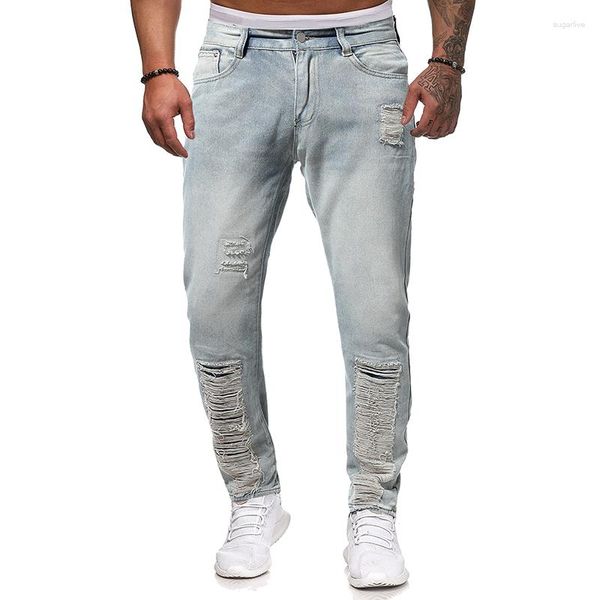 Calças jeans masculinas 2023 quebradas azuis slim fit moda mendigo traje de rua retrô japonês fengshui